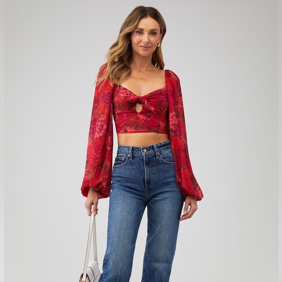 🔆 For Love And Lemons Red Puff Sleeve Trisha Crop Top - Picture 3 of 3